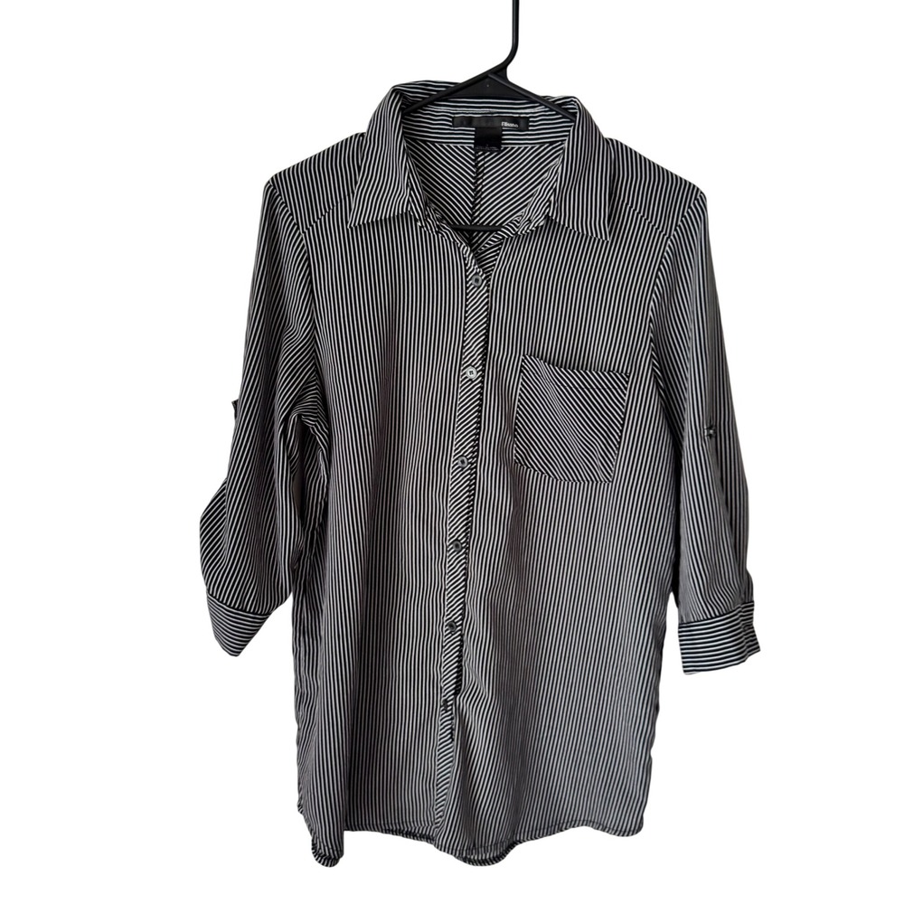 Ellison Womens Black White Striped Roll Tab 3/4 Sleeve Button Down‎ Shirt Small